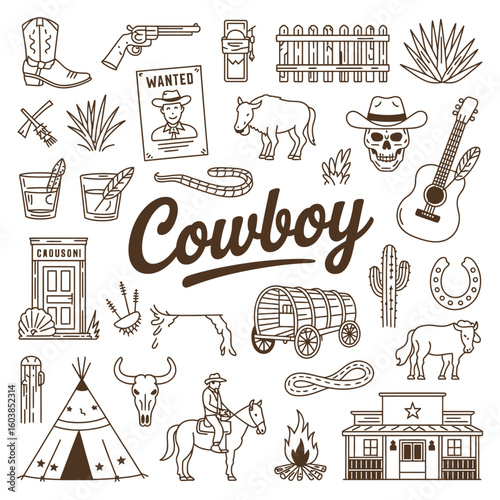 Cowboy Whimsical Vector Set – Hand Drawn Illustrations Featuring Western Hats, Boots, Horseshoes, Cacti, Rustic Elements, and Playful Cowboy-Themed Designs for Creative and Fun Projects.

