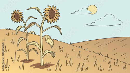 Two sunflowers stand tall in a field under a blue sky with clouds and a shining sun in the distance