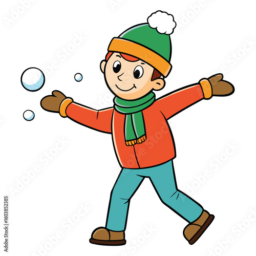 Joyful Child Playing in the Snow: Winter Fun Cartoon Illustration