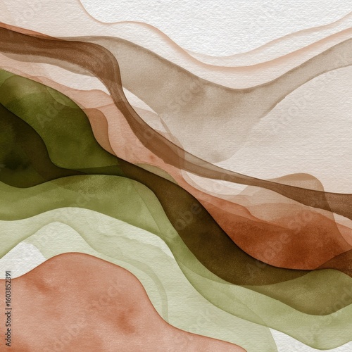 Abstract watercolor painting with flowing, layered shapes of muted earth tones
