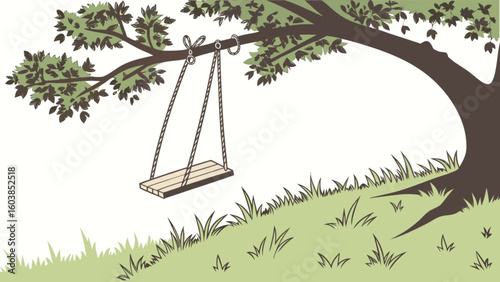 A simple tree swing hangs from a sturdy tree branch over a grassy hill in a peaceful scene