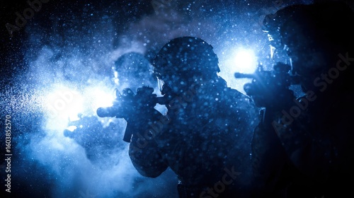 Tactical Breach with Muzzle Flashes in Blackened Room