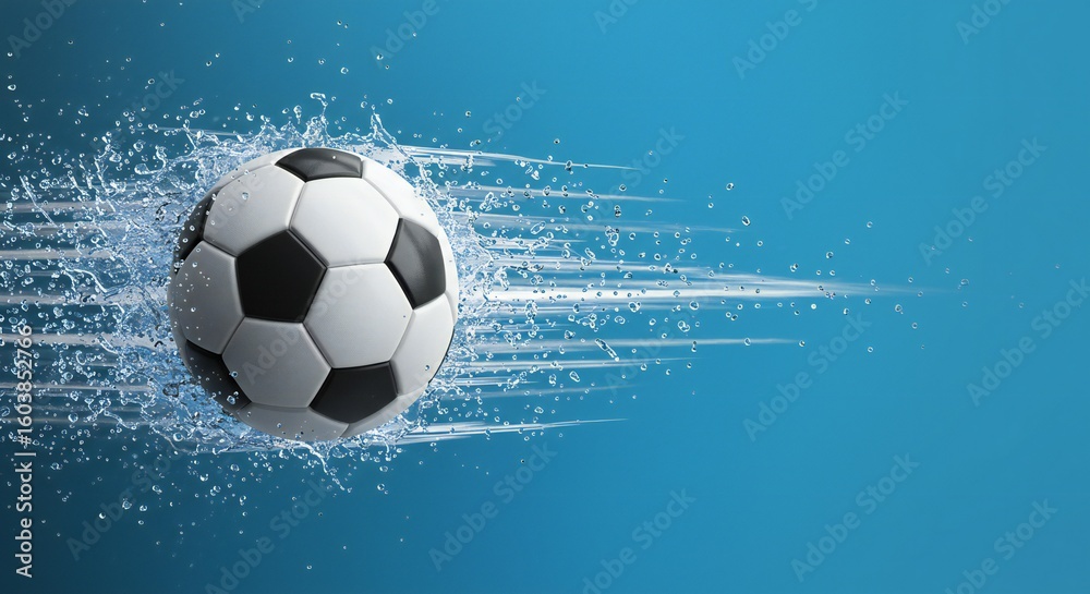 Naklejka premium Soccer Ball in Motion with Water Splash on Blue Background
