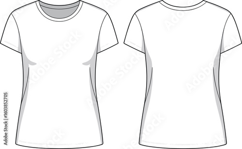 Women’s short sleeve t-shirt front and back view, blank fashion template, technical flat sketch, vector cad apparel drawing illustration
