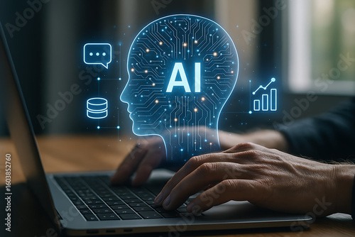 Person types on laptop interacting with AI virtual assistant. AI concepts like prompt engineering, generative AI visualized. 