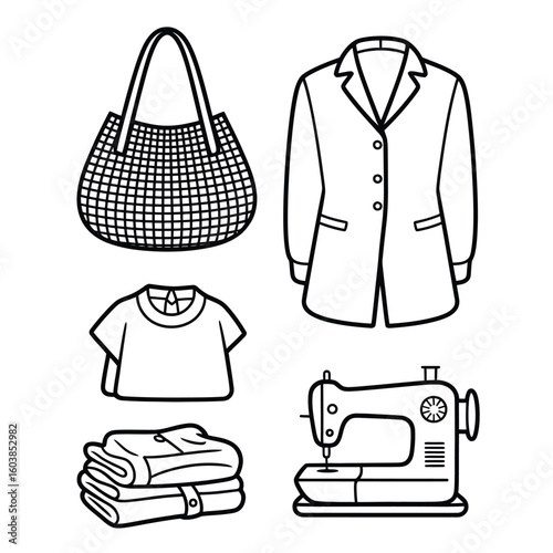 Sustainable fashion items with linen bag, secondhand clothes, and sewing kit in black and white vector illustration style