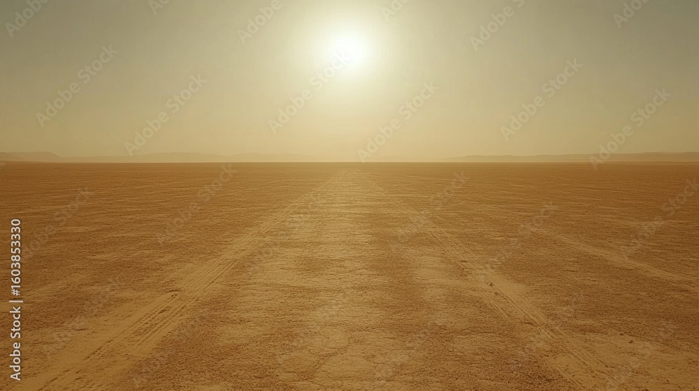 Naklejka premium Desert Road to the horizon: Witness the stark beauty of a vast, open desert landscape with a road stretching towards the horizon under a bright sun, evoking a sense of solitude and adventure.