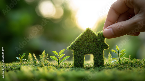Moosbedecktes Haus mit Energieeffizienzsymbol in leuchtender Natur. Künstliche Intelligenz KI