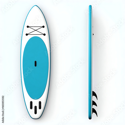 Modern Blue and White Inflatable Stand-Up Paddleboard, Top and Side Views, surfboards, sup board, paddleboard