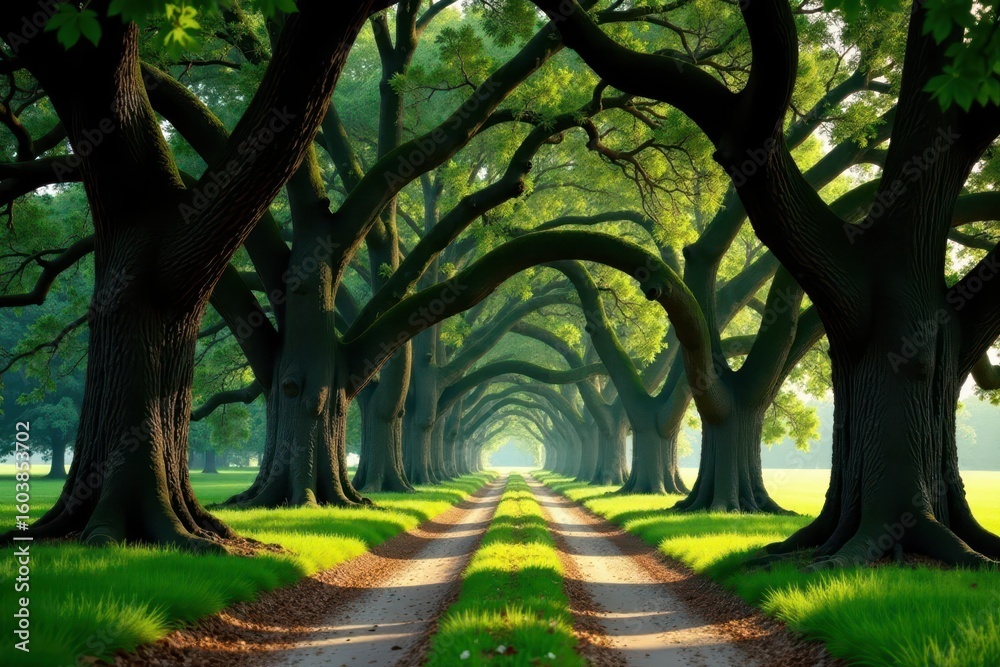Naklejka premium Ancient oaks draped in Spanish moss arch over a tranquil country lane , green, rustic