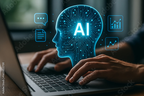 Person types on laptop interacting with AI virtual assistant. AI concepts like prompt engineering, generative AI visualized. 