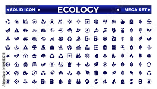 Ecology Solid icon set. Icons for renewable energy, green technology. Design elements for your projects.Set of green energy Solid icons. 
