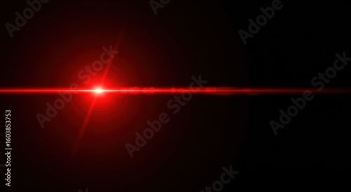 Red Laser Beam in Darkness: A vibrant red laser beam pierces through the darkness, emitting a brilliant display of light and energy in a dramatic, high-contrast composition.