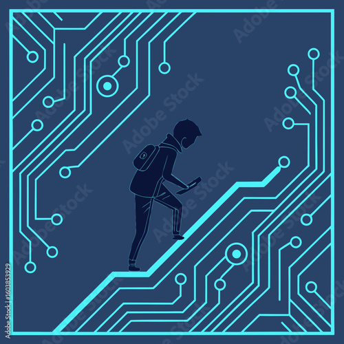 
a man climbing up a circuit board
