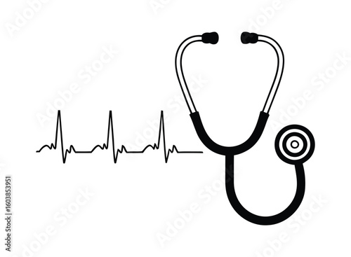 medical stethoscope with heartbeat line illustration, symbolizing cardiology, heart care, health checkup and diagnostic healthcare on white
