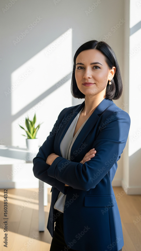 Confident Businesswoman Portrait: Sunlit Office, Arms Crossed, Professional Attire Confident Businesswoman Portrait: Sunlit Office, Arms Crossed, Professional Attire