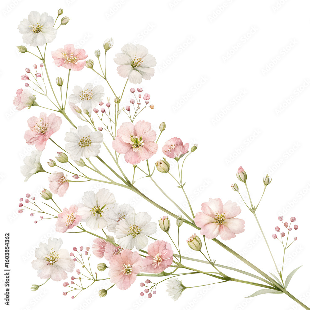 Fototapeta premium Watercolor Pink and White Gypsophila Corner Floral Arrangement on Transparent Background