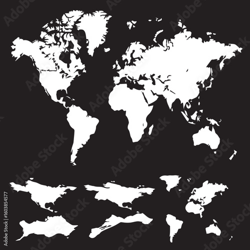  world map silhouette set, Black & White silhouette set 