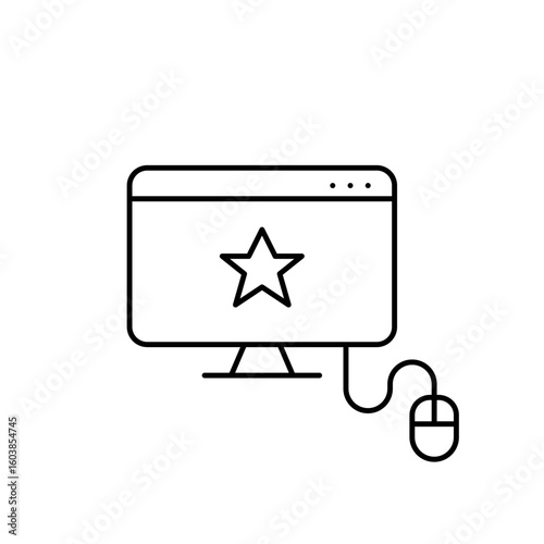 Computer monitor, mouse and star. Premium tech, best choice, recommended product. Pixel perfect, editable stroke vector icon