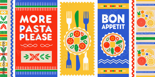 Colorful Food Themed Graphic Art with Pasta Bon Appetit and Citrus