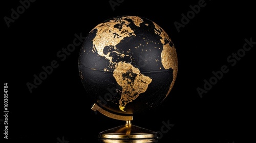 A gold globe with black continents and oceans.