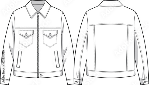 Front and back flat sketch of men's denim jacket with chest pockets, zipper closure, cuffs, and detailed stitching design