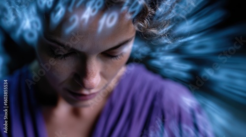 time-related superstitions, a superstitious woman is surrounded by swirling calendar pages as she checks her lucky numbers, capturing her time-related rituals and beliefs