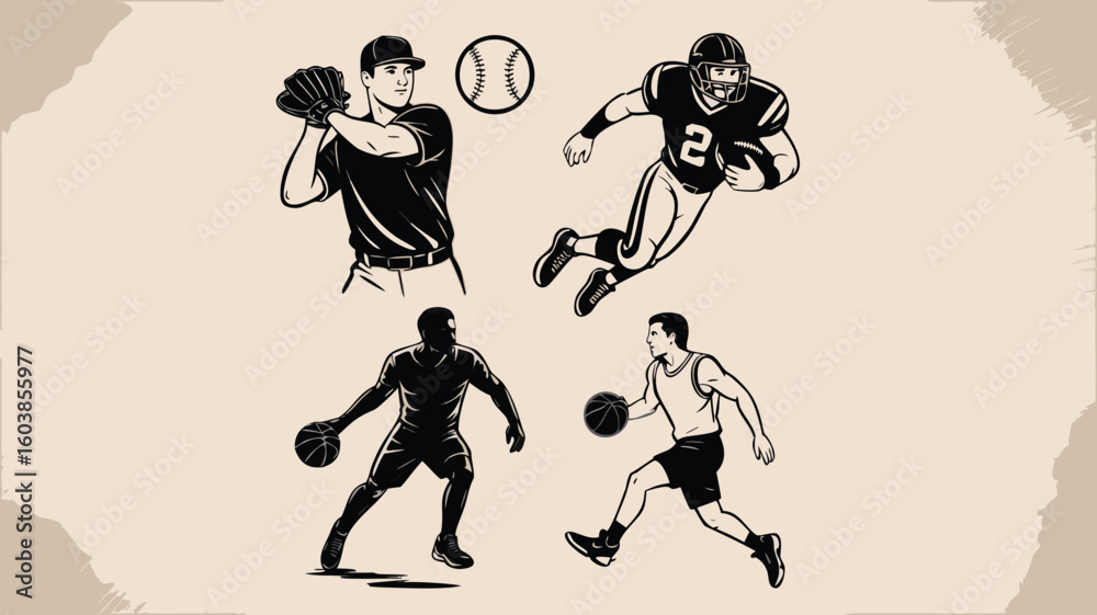 Fototapeta premium Black and White Illustration Baseball Pitcher, Football Player, and Basketball Players in Action