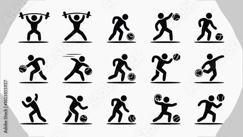 Black Pictograms Showcasing Weightlifting and Basketball Actions Against a White Background Sports Icons