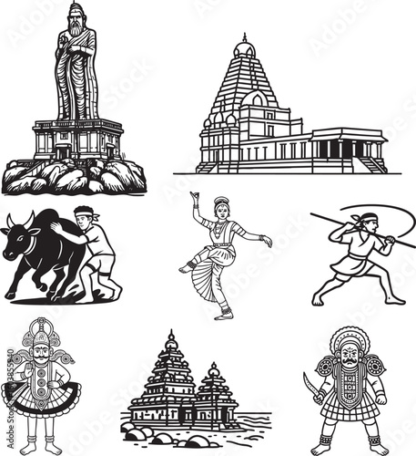  A collection of Tamil Nadu's philosopher, architecture, dance, martial arts, and heroic sports. They are Thiruvalluvar, Thanjavur Big Temple, Jallikattu, Bharatanatyam, Silambatam, Therukkuthu