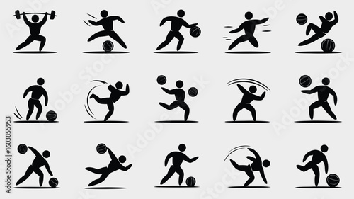Black Silhouette Icons Depicting Athletes Playing Basketball, Soccer, and Lifting Weights Against a Gray Background