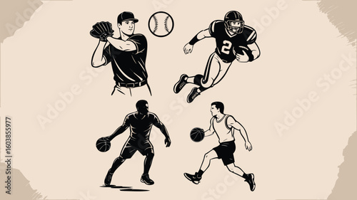 Black and White Illustration Baseball Pitcher, Football Player, and Basketball Players in Action