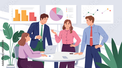 Business Team Discussing Data at Round Table with Charts in Background, Office Setting