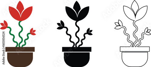Plant and Flower Pot Icons Vector Set, Collection and Group, Botanical Potted Houseplants, Garden, Leaves, Minimal Flat Line Style, Monochrome Silhouette Graphic Bundle for Nature and Interior Design