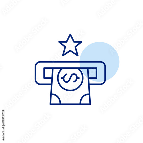 Dollar bill in ATM slot and star. Trusted financial services, banking and account management. Cash withdrawal. Pixel perfect, editable stroke vector icon