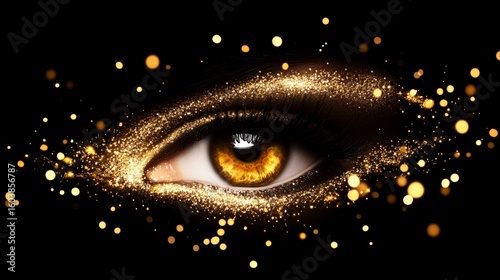 Golden Eye in Cosmos: A captivating eye, illuminated by a galaxy of golden particles, invites contemplation and speaks of an inner universe within a black void.