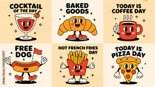 Cartoon Food Holiday Stickers Cocktail Day, Baked Goods, Coffee Day, Free Dog, French Fries, Pizza