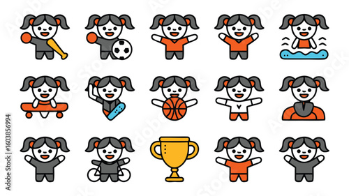 Cartoon Girl Character Icons Engaged in Various Activities Sports, Swimming, Skateboarding, Biking, and Winning a Trophy