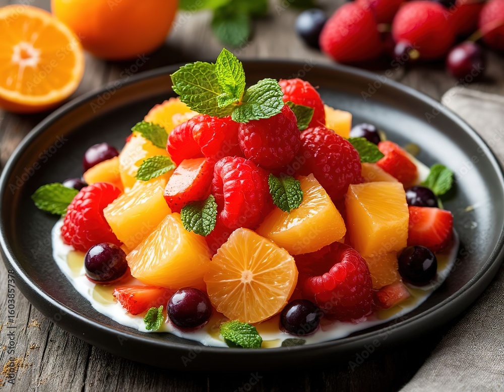fruit salad with yogurt and mint on a black plate. fruit salad with yogurt and mint on a black plate.