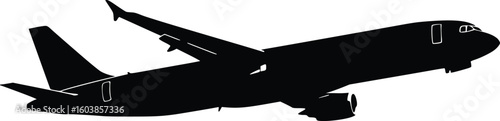 Silhouette of passenger aircraft in profile showing fuselage, wings, stabilizers, and aerodynamic structure