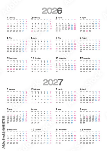 2026-2027年 年間カレンダー 月曜始まり