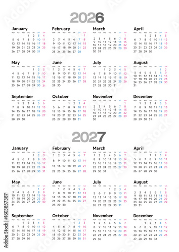 2026-2027年 年間カレンダー 月曜始まり 日本の祝日表記はありません