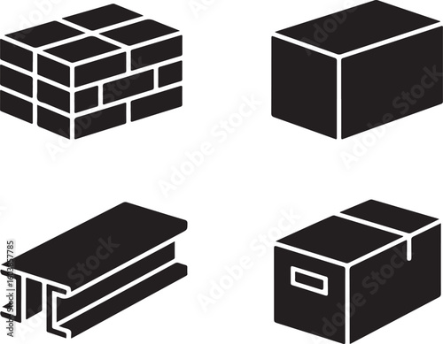 Construction Material Solid Icons Brick Stack, Concrete Block, Wood Plank, Steel Beam, and Building Supplies