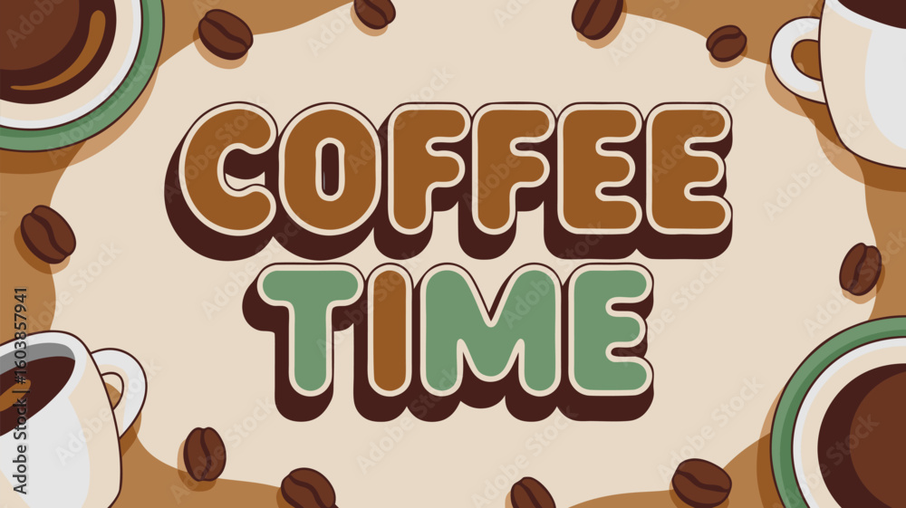 Obraz premium Coffee Time Illustration with Coffee Beans and Coffee Cups with Beige Background