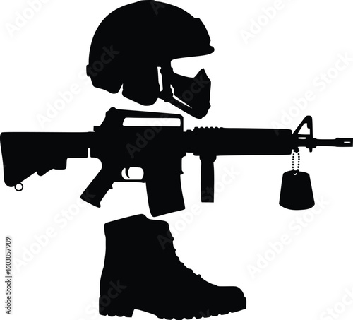 Silhouette of a soldier wearing helmet and boots, holding an assault rifle with bayonet
