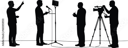 Silhouette of four individuals engaged in public speaking and media roles, including speaker, audience, and cameraman