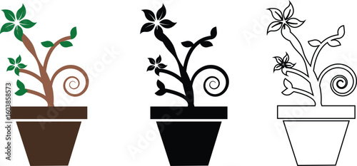 Plant and Flower Pot Icons Vector Set, Collection and Group, Botanical Potted Houseplants, Garden, Leaves, Minimal Flat Line Style, Monochrome Silhouette Graphic Bundle for Nature and Interior Design