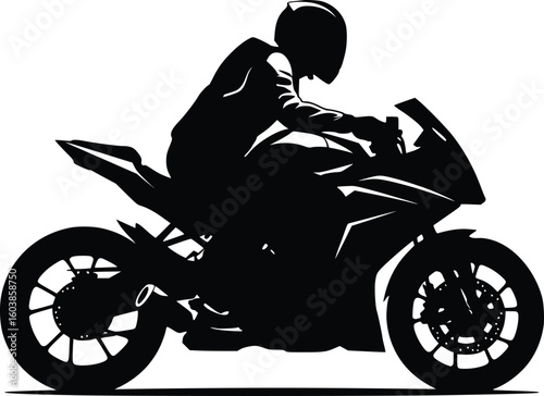 Silhouette of a motorcyclist riding a sport motorcycle in dynamic forward-leaning position with helmet