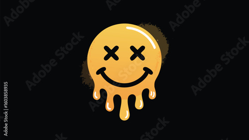 Dripping Yellow Smiley Face with X Eyes on a Black Background Illustration