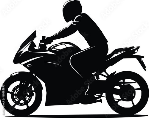 Silhouette of a motorcyclist leaning forward riding a sport motorcycle with helmet in side view